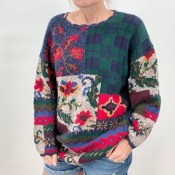 Vintage Sweaters - Vintage handKnit Sweater patchwork mixed print medium plaid floral handkerchief